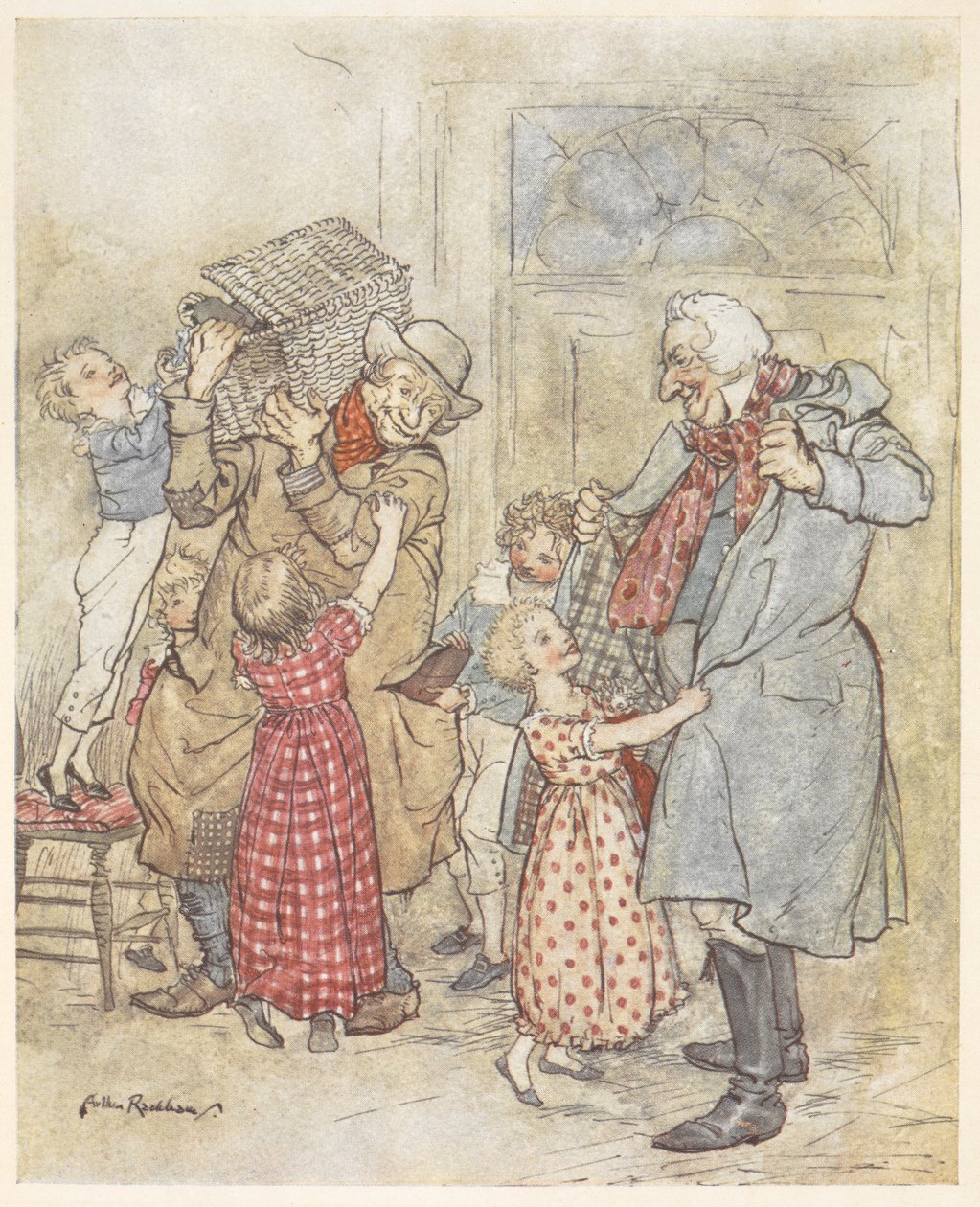 Kisgyerekek két idősebb férfinak segítenek felvenni a kabátjukat, miközben karácsonyi ajándékokat cipelve belépnek egy házba alkotó: Arthur Rackham
