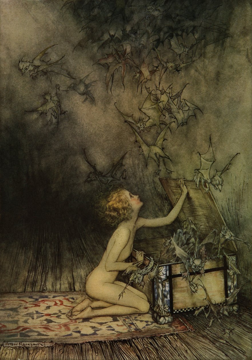 Fiatal lány és denevér-szerű alkotó: Arthur Rackham