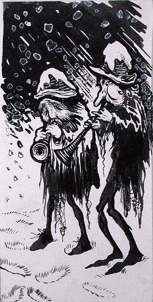 „Yule Logs, Snapdragon, Wassail, Waits and Holly”, illusztráció az „Old Friend Christmas”-ből, szerző: C.V. Godby (toll és tinta monokróm akvarellel és testfestékkel papíron) alkotó: Arthur Rackham