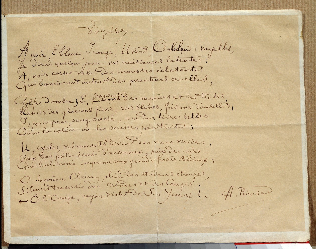 Arthur Rimbaud „A magánhangzók” című versének kézirata alkotó: Arthur Rimbaud