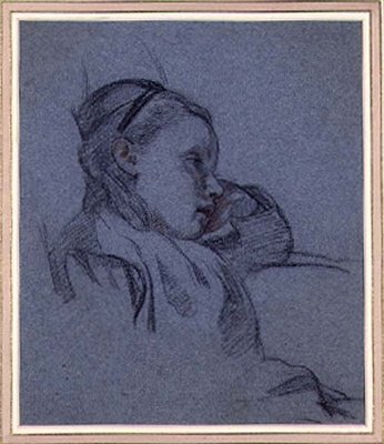 Ülő lány portréja, 1870 körül (piros és fekete kréta kék papíron) alkotó: Arthur Stocks