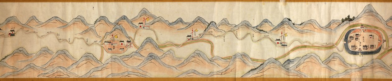 16 000. szállított. Tájolása észak jobbra. Dombormű ábrázolva. Madártávlat. Takarja a Wei folyót Baoji Xianban, Shanxi Sheng-t Shu Dao-ig a Shanxi-Sichuan határon. Településeket, pihenőhelyeket, állomásokat, fogadókat, templomokat, hegyi hágókat, falakat j alkotó: Arthur W. Hummel