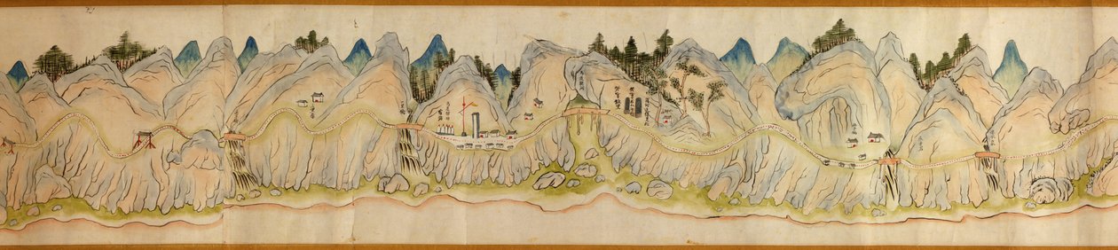 16 000. szállított. Tájolása észak jobbra. Dombormű ábrázolva. Madártávlat. Takarja a Wei folyót Baoji Xianban, Shanxi Sheng-t Shu Dao-ig a Shanxi-Sichuan határon. Településeket, pihenőhelyeket, állomásokat, fogadókat, templomokat, hegyi hágókat, falakat j alkotó: Arthur W. Hummel
