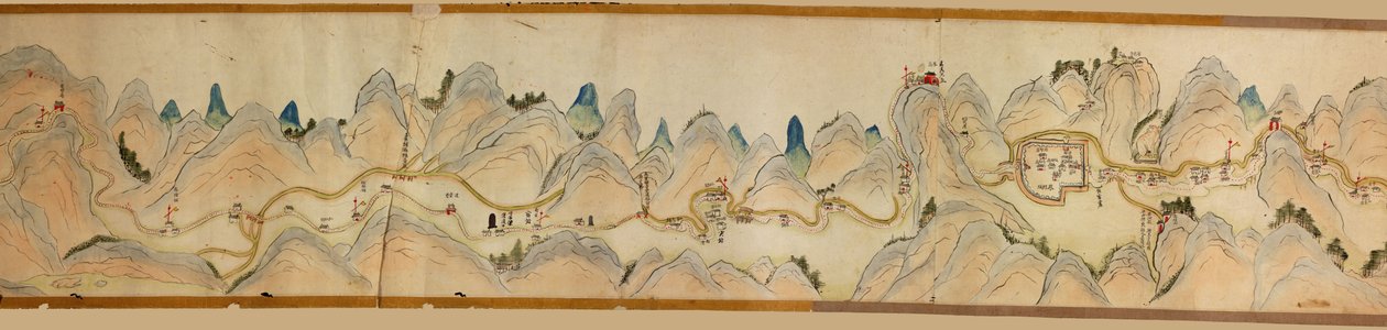 16 000. szállított. Tájolása észak jobbra. Dombormű ábrázolva. Madártávlat. Takarja a Wei folyót Baoji Xianban, Shanxi Sheng-t Shu Dao-ig a Shanxi-Sichuan határon. Településeket, pihenőhelyeket, állomásokat, fogadókat, templomokat, hegyi hágókat, falakat j alkotó: Arthur W. Hummel