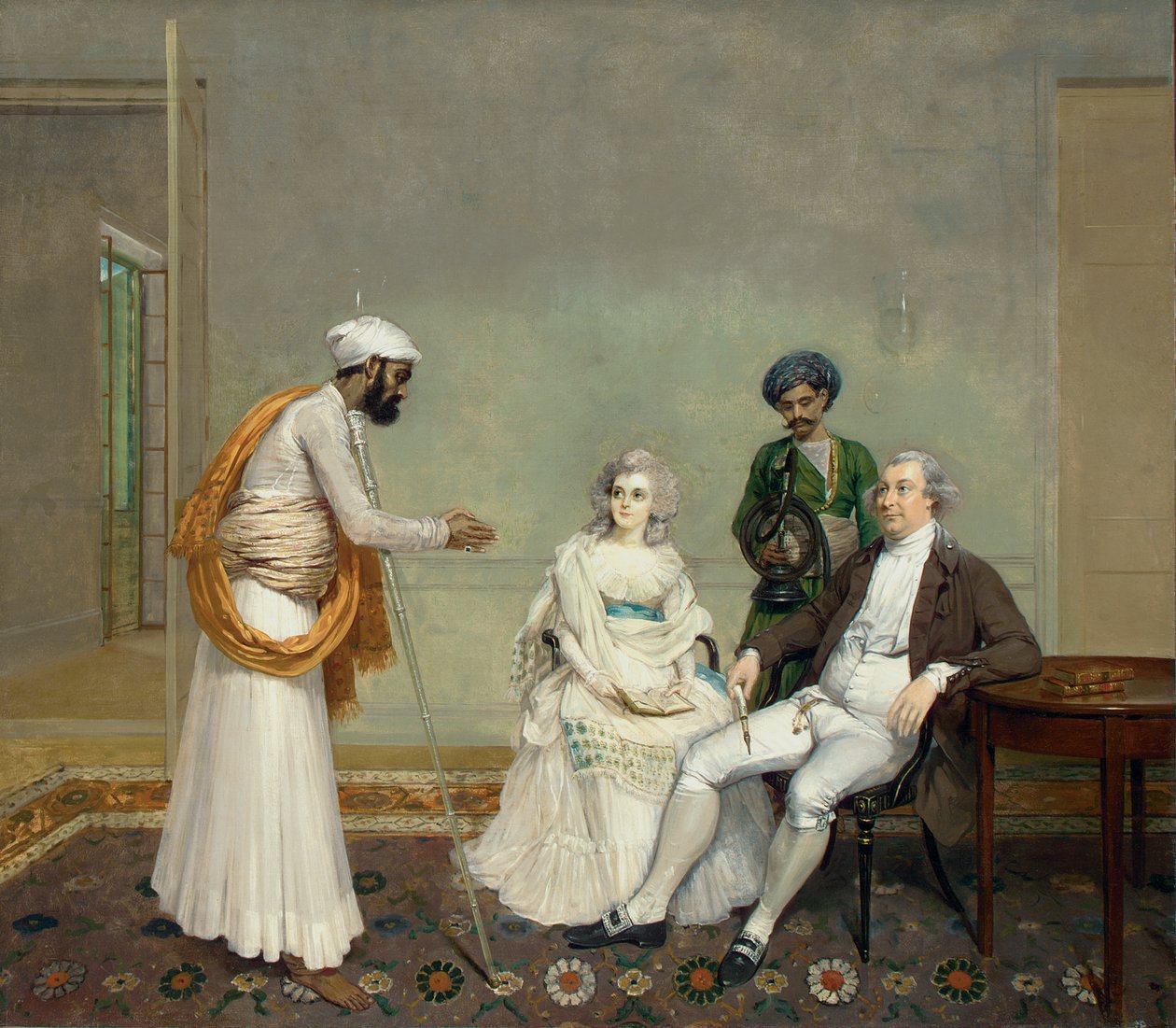 Suetonius Grant Heatly bíró és Temperance Heatly portréja indiai szolgáikkal egy kalkuttai belső térben, 1786 körül alkotó: Arthur William Devis