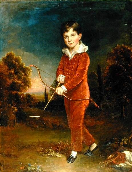 Egy fiatal fiú portréja piros öltönyben, kezében íjjal és nyíllal (olaj, vászon) alkotó: Arthur William Devis