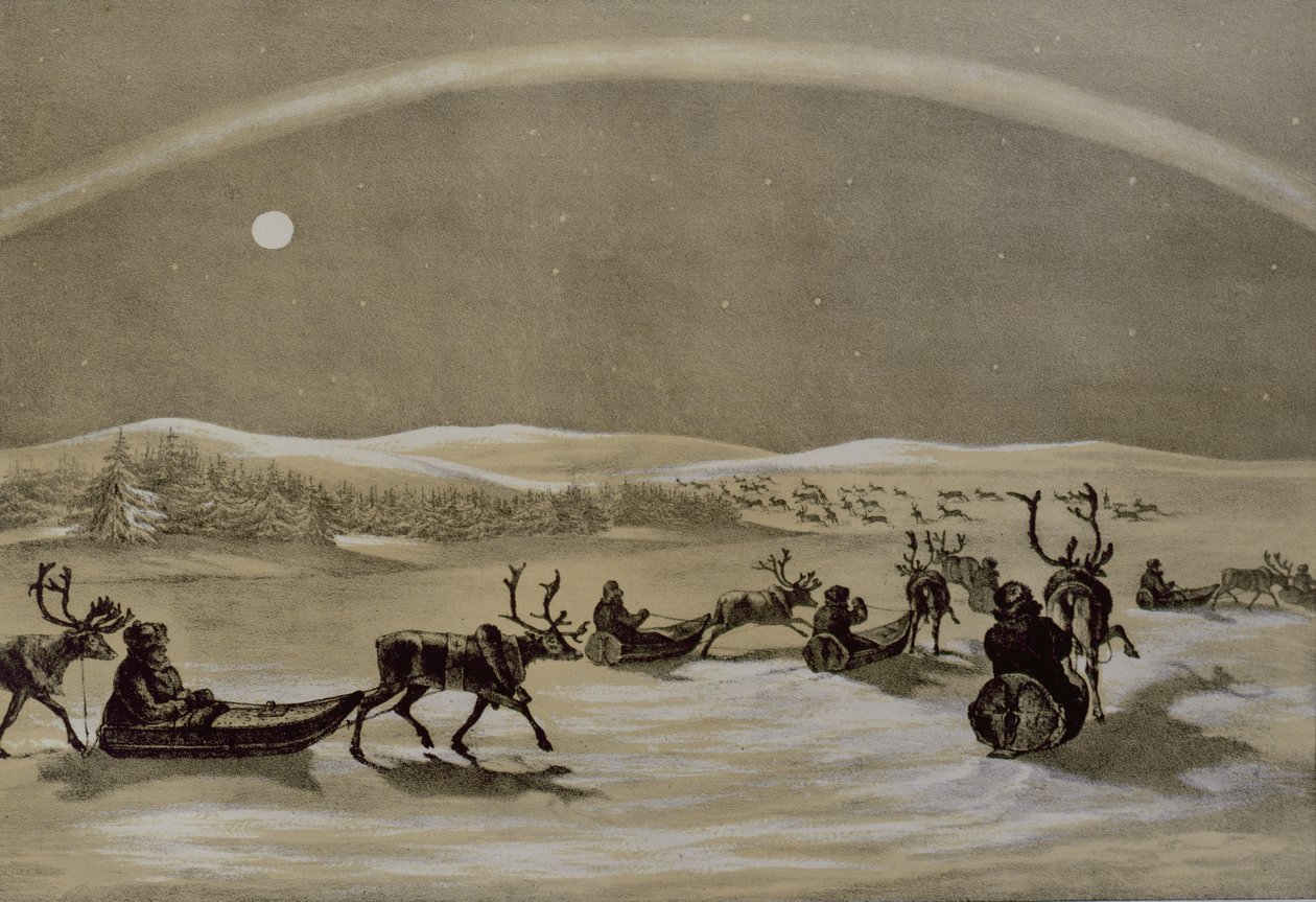 Az északi fény egyedi megjelenése egy lappföldi rénszarvascsorda felett, amely átkel a Jerdis Javrin, a lappföldi téli vázlatokból, James Duffield Harding (1798-1863) metszetében, 1825 (metszet) alkotó: Arthur de Capell Brooke