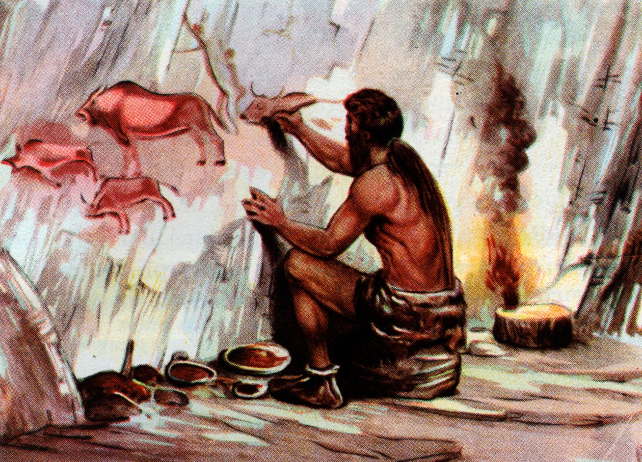 Egy Homo Sapiens festmény egy barlangban, a "Vita Meravigliosa" (nyomtatás) című képből. alkotó: Artist Unknown
