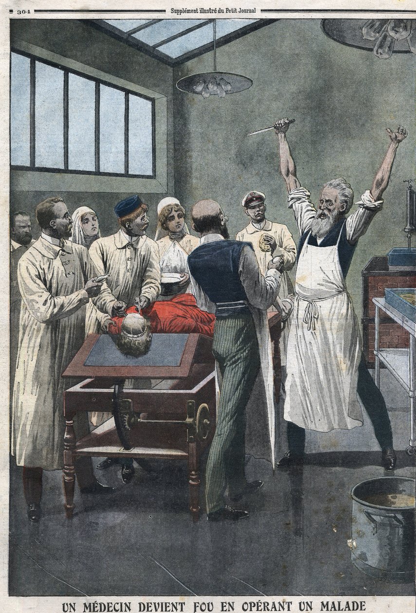 Egy sebészorvos megőrült, amikor egy beteget operált egy kórházban Razominban, Csitában, Oroszországban. alkotó: Artist Unknown