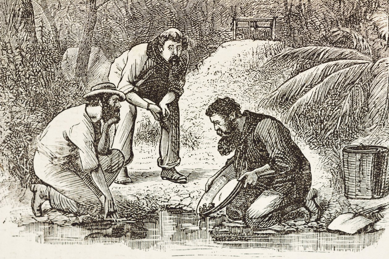 Ausztrália (1880). Az aranyásók élete Botany Bayben (alapították 1788-ban). Metszet. Magángyűjtemény alkotó: Artist Unknown