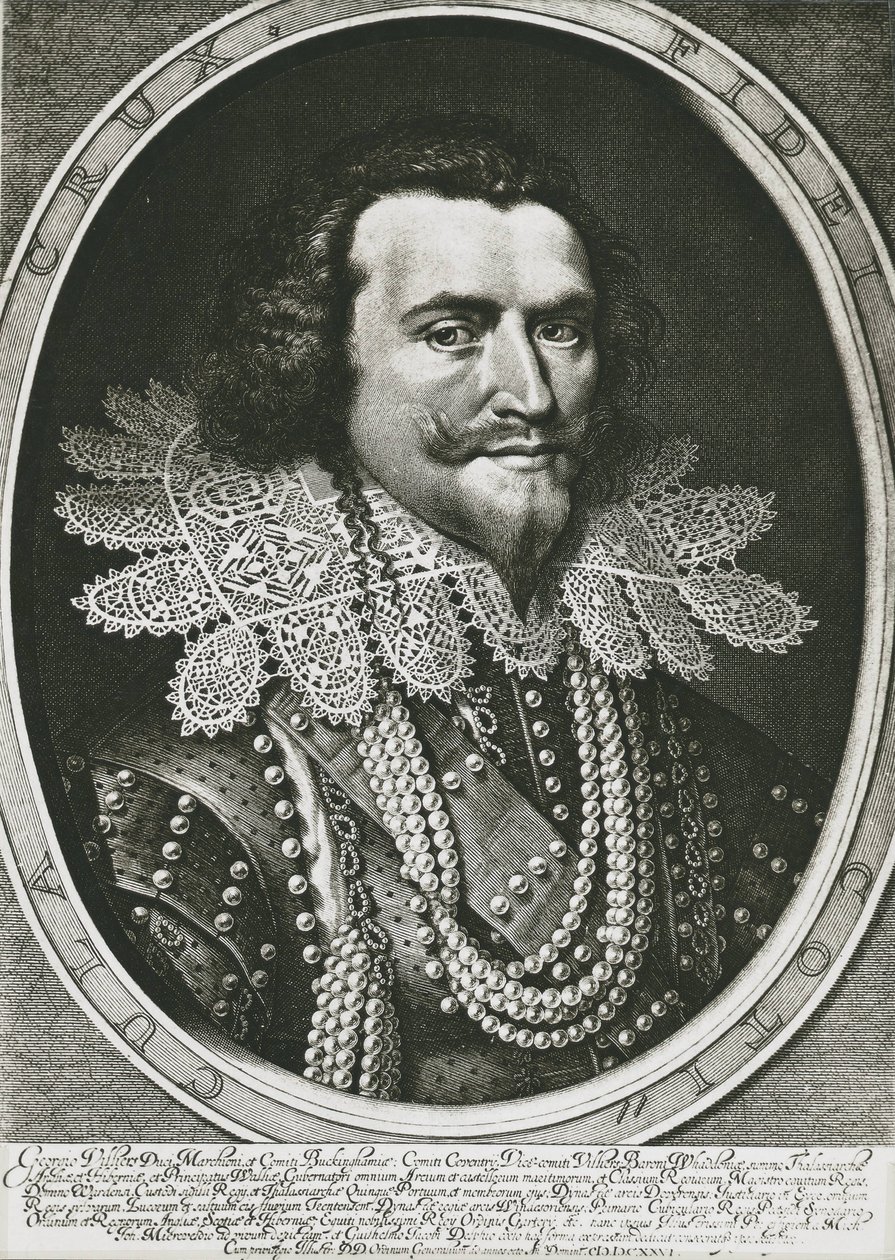 BUCKINGHAM, George Villiers, Villiers hercege (1592-1628). Brit politikus, I. Jakab és I. Károly kedvence. Metszet. alkotó: Artist Unknown
