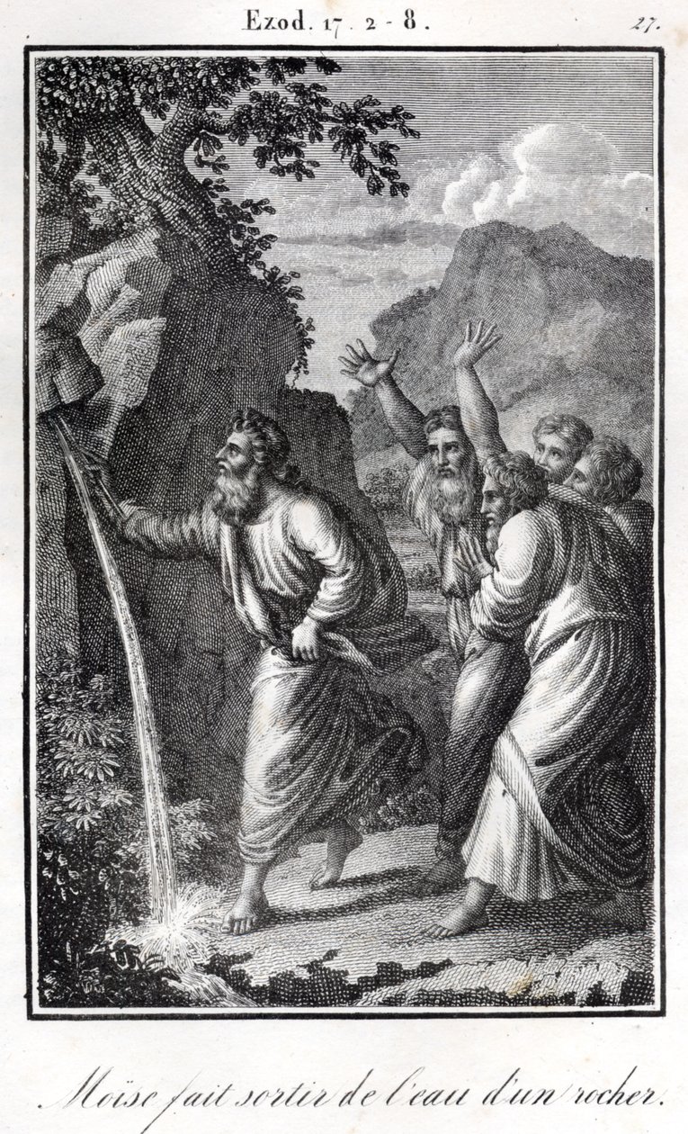 Biblia- Mózes a sziklára csapott és víz jött belőle Exodus (metszet) alkotó: Artist Unknown