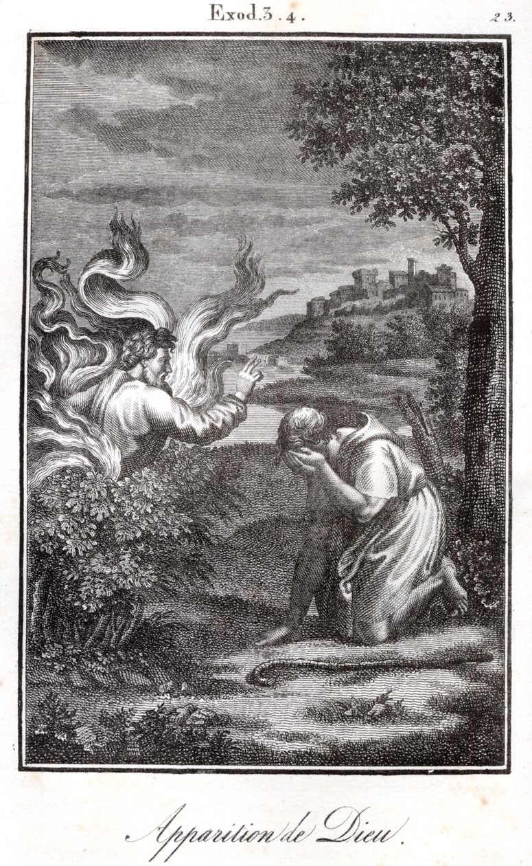 Biblia - Mózes és az égő csipkebokor Isten megjelenik Mózesnek egy égő csipkebokorból. alkotó: Artist Unknown