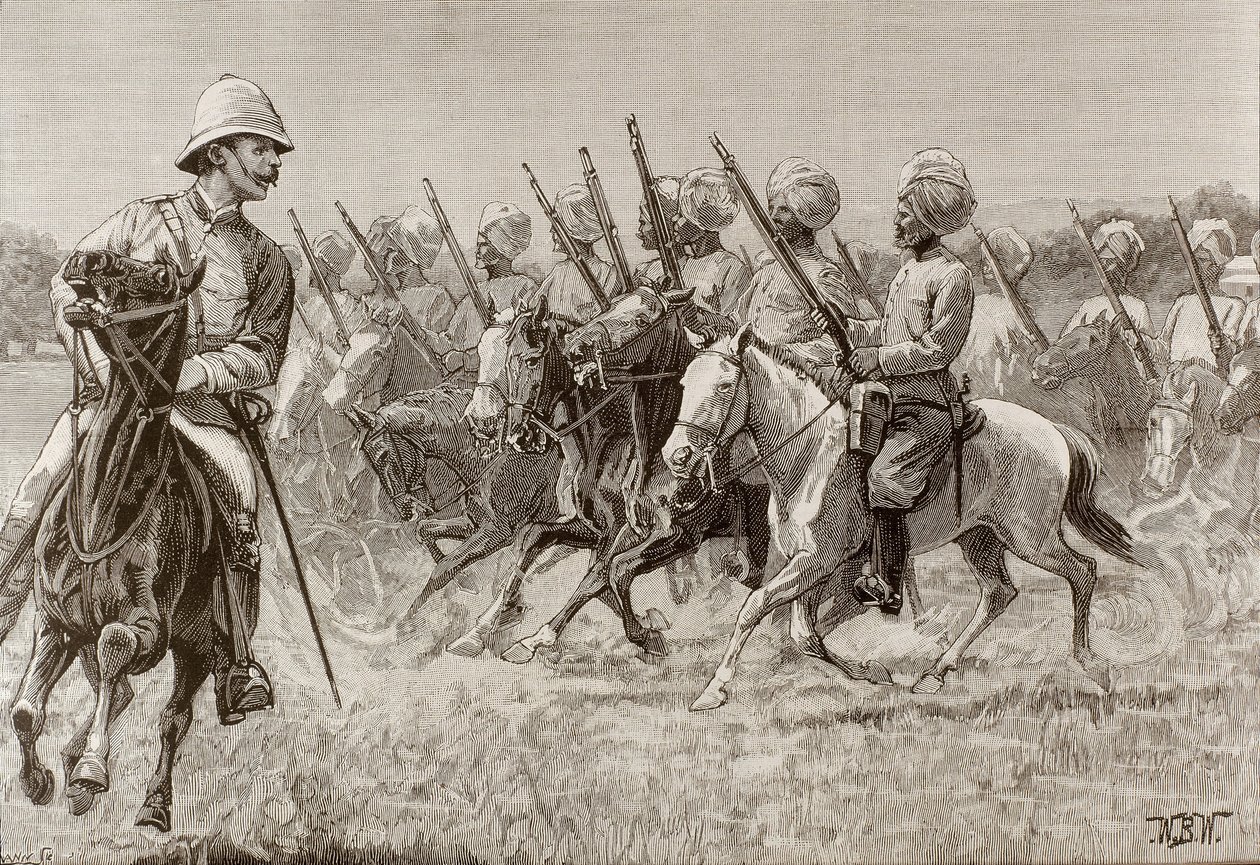 Brit birodalom (19. sz.). A burmai új ezredek. A második ezred lovas gyalogsági kompániája. Metszet. alkotó: Artist Unknown