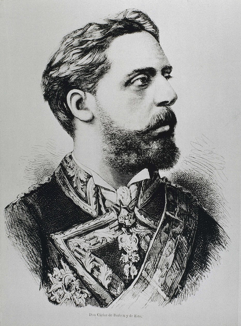 VII. Károly, Carlos Maria de los Dolores de Borbon y Austria-Este (1848-1909). A karlista trónkövetelő Spanyolország trónjára, mint VII. Spanyolország. Karlista. VII. Károly, karlista trónkövetelő. Megjelent a "La ilustracion Espanola y Americana" című fol alkotó: Artist Unknown