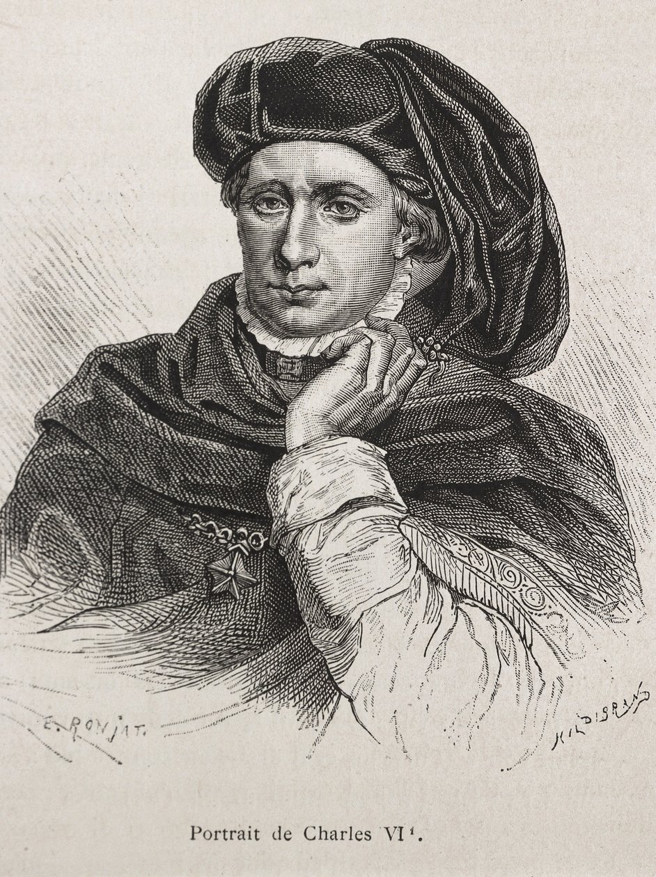 VI. Károly francia király, akit "a szeretett király" néven emlegetnek (1368-1422). Franciaország királya (1380-1422), Valois-dinasztia. Metszet. alkotó: Artist Unknown