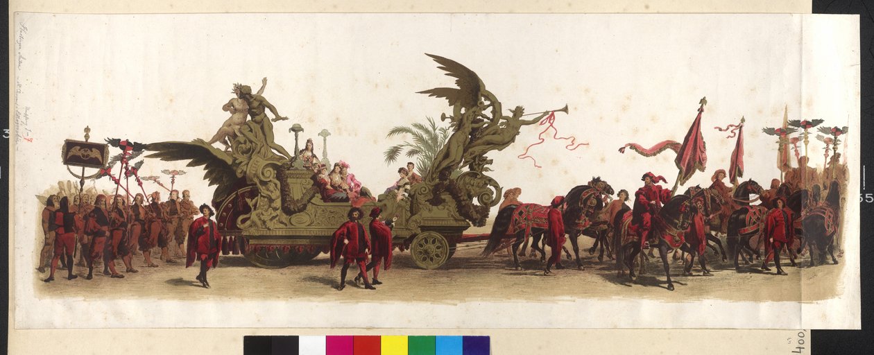 A Makart-Festzug (Ferenc József és Erzsébet ezüst évfordulója alkalmából rendezett felvonulás) kocsija a 27. április 1879-ben Bécsben alkotó: Artist Unknown