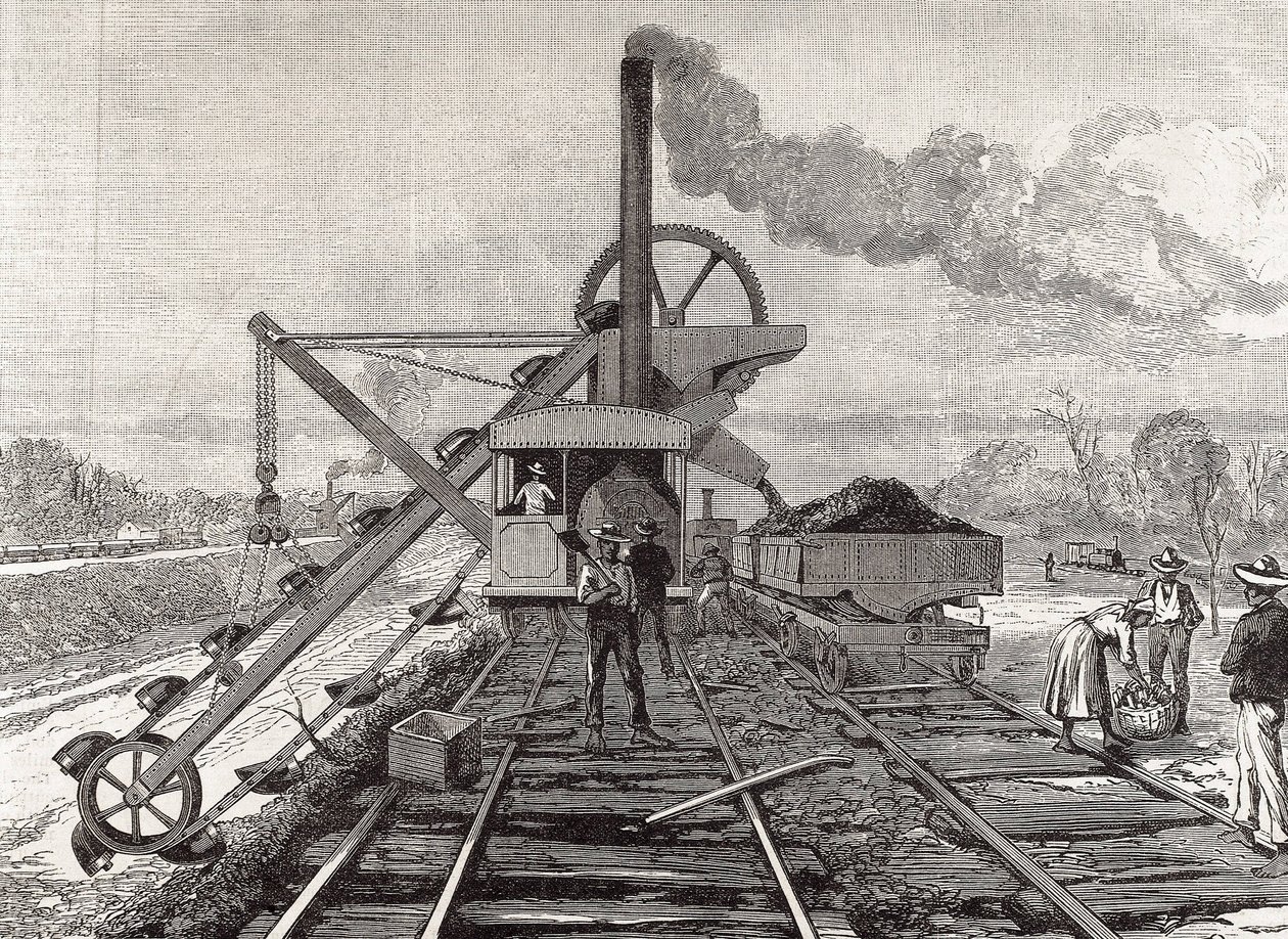 A Panama-csatorna építése. Kotrási munkálatok Culebra településen. Meltor Prior eredeti rajza. A kép a "The Illustrated London News" című lapban jelent meg. Metszet. alkotó: Artist Unknown
