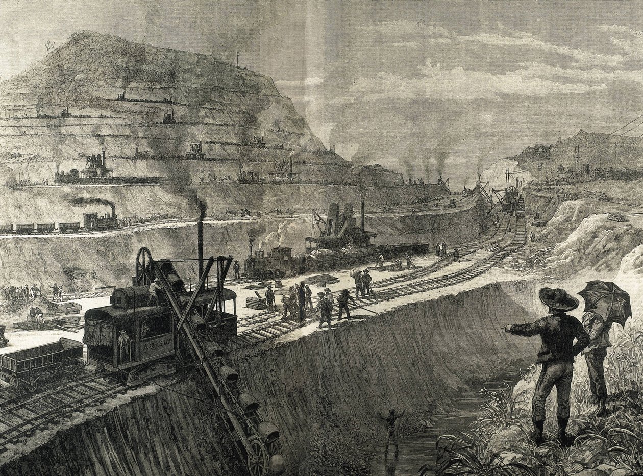 A Panama-csatorna építése. Kotrási munkálatok Culebra településen. Meltor Prior eredeti rajza. A kép a "The Illustrated London News" című lapban jelent meg. Metszet. alkotó: Artist Unknown