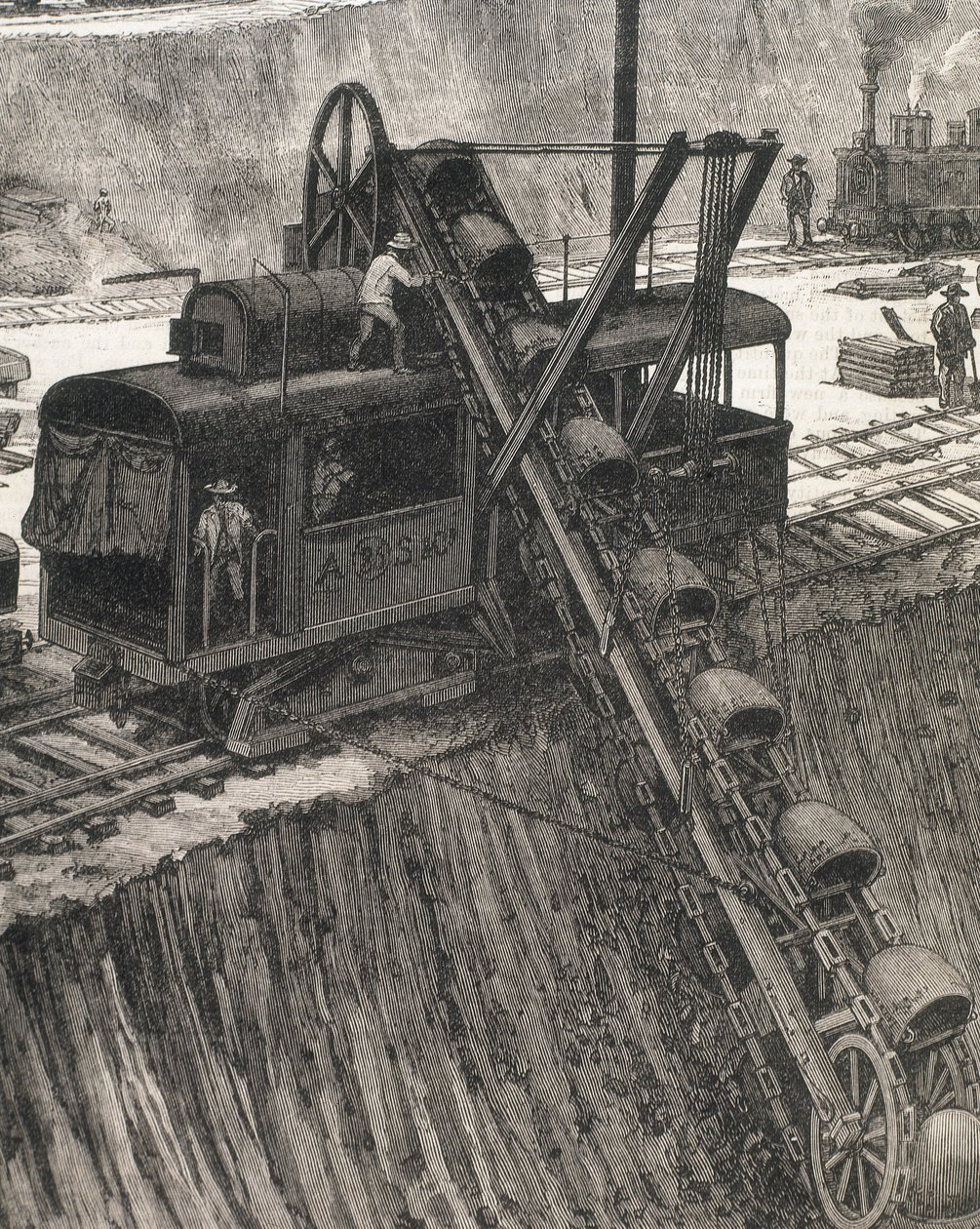 A Panama-csatorna építése. Kotrási munkálatok Culebra településen. Meltor Prior eredeti rajza. A kép a "The Illustrated London News" című lapban jelent meg. Metszet. alkotó: Artist Unknown