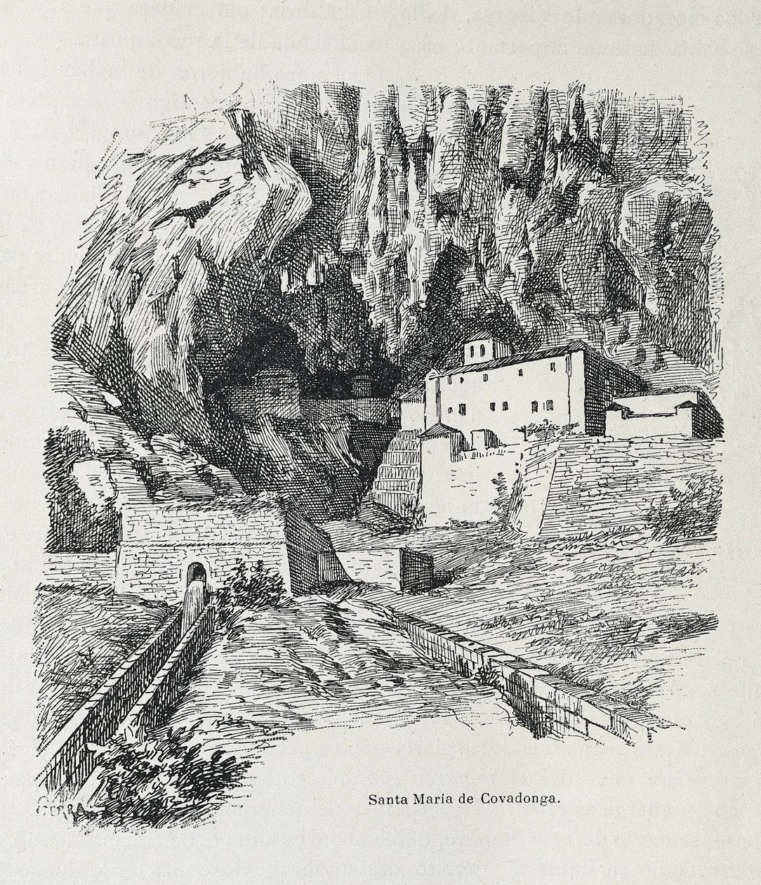 Covadonga. Santa Maria remeteség. Metszet. SPANYOLORSZÁG. ARAGON. Zaragoza. Általános Katonai Akadémia alkotó: Artist Unknown