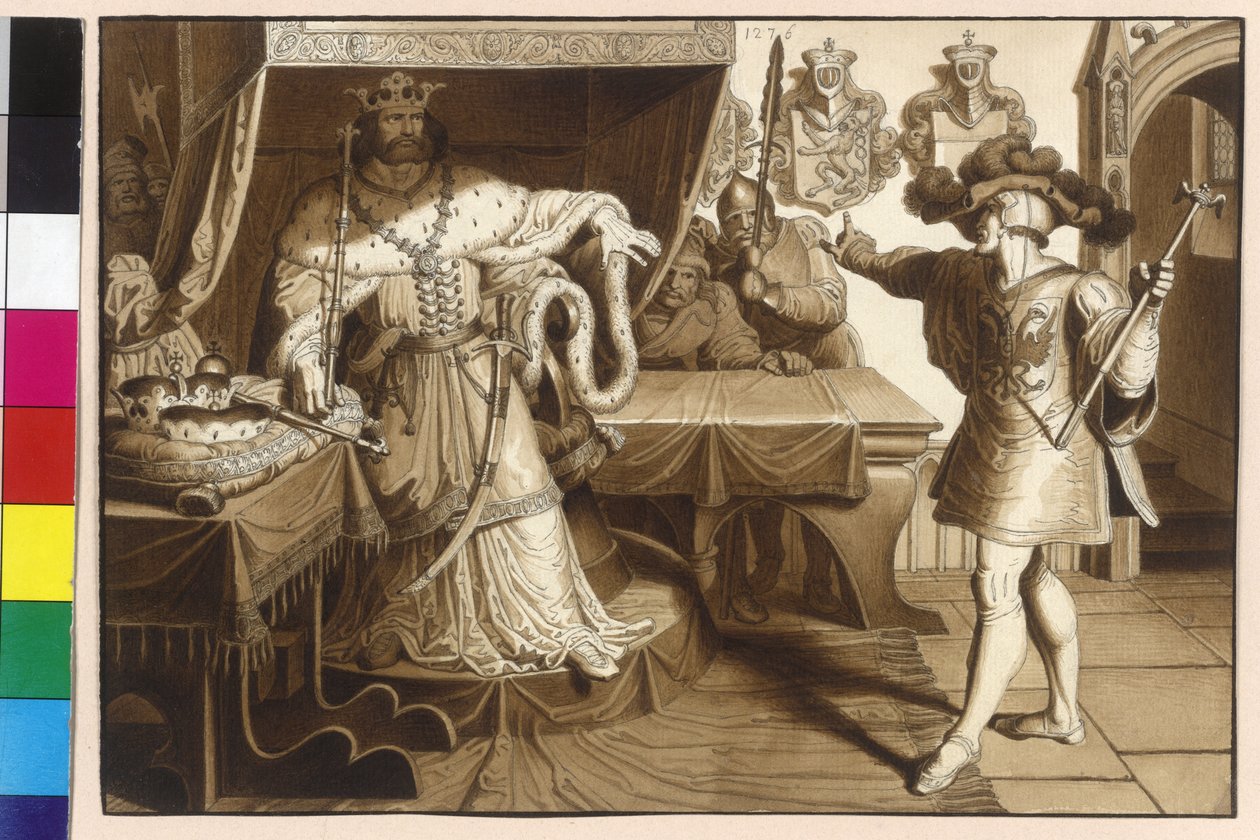Habsburg Rudolf császár II. Ottokár királyt heroldja a császári hűbérbirtok, Ausztria és Stájerország visszaszolgáltatására. alkotó: Artist Unknown