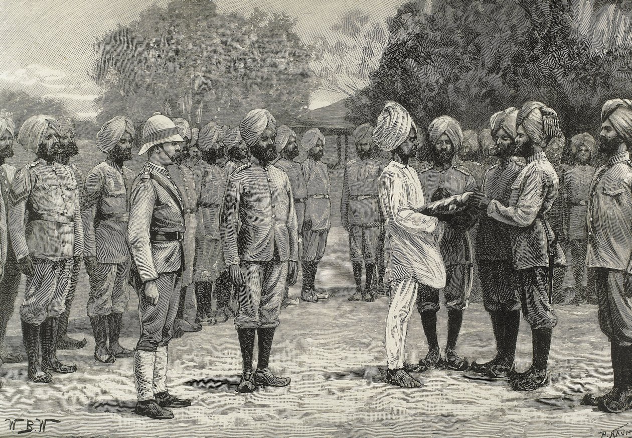 Anglia (19. század). Gyarmatosítás. India. Az új burmai ezredek. Az újoncok eskütétele. Metszet. Magángyűjtemény alkotó: Artist Unknown