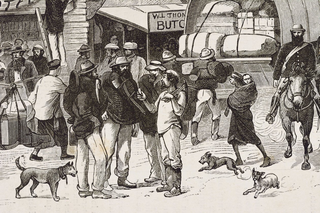 Anglia (19. század). Gyarmatosítás (1880). Az aranyásók élete Ausztráliában. Botany Bay angol gyarmat (1788-ban alapították), amelyet kezdetben főként bűnözőkből lett aranyásók és kereskedők népesítettek be. Metszet. Magángyűjtemény alkotó: Artist Unknown