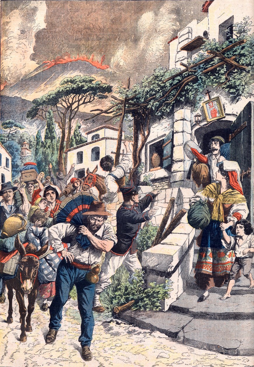 A Vezúv kitörése, a vulkán elől menekülő emberek,1906 (nyomtatás) alkotó: Artist Unknown