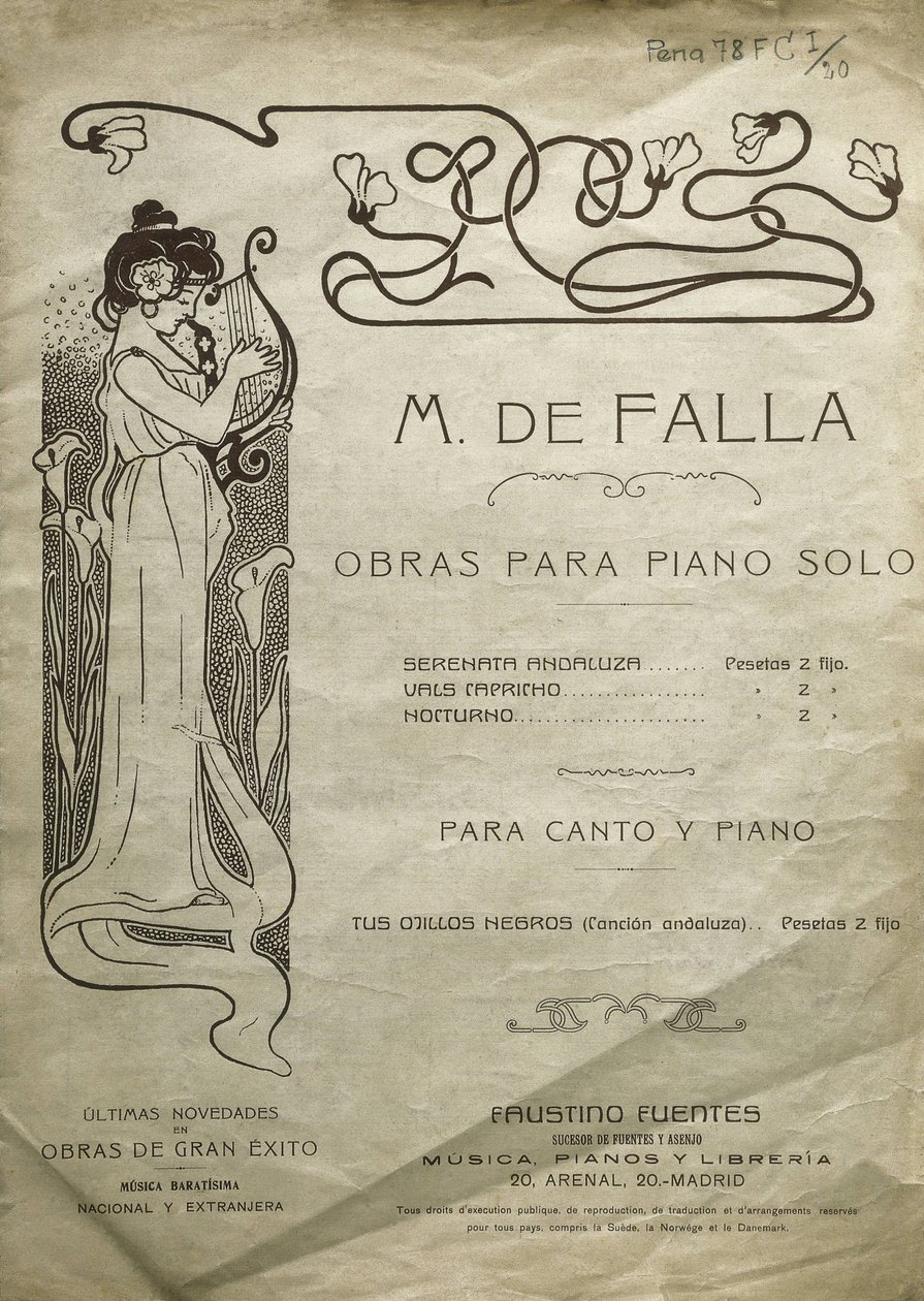 FALLA, Manuel de (1876-1946). Spanyol zeneszerző és zongorista. Zongoraszólóra és zongorára és énekhangra írt művek. Madridban szerkesztették. alkotó: Artist Unknown