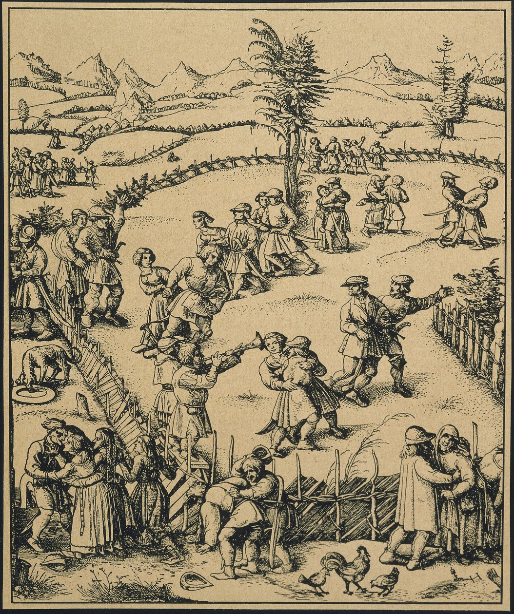 Parasztbuli egy német farmon ("Der Jahrmarkt"). Zene és tánc. (metszet) alkotó: Artist Unknown