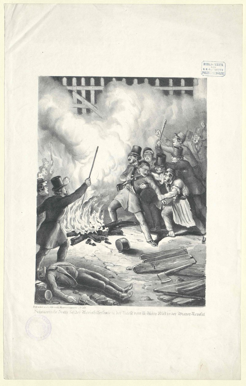 A Mariahilfer-vonalon az 1848. március 13-i bécsi forradalom éjszakáján a Mariahilfer-vonalon zajló éjszakai jelenet. alkotó: Artist Unknown