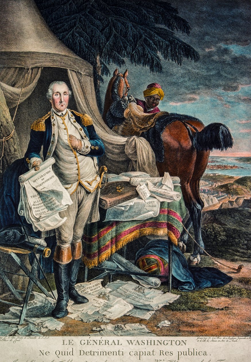 George Washington a Függetlenségi Nyilatkozatot tartva a harctéren (kézi színezett metszet) alkotó: Artist Unknown