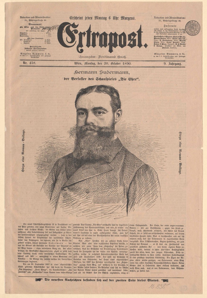 Hermann Sudermann (nyomtatás) alkotó: Artist Unknown