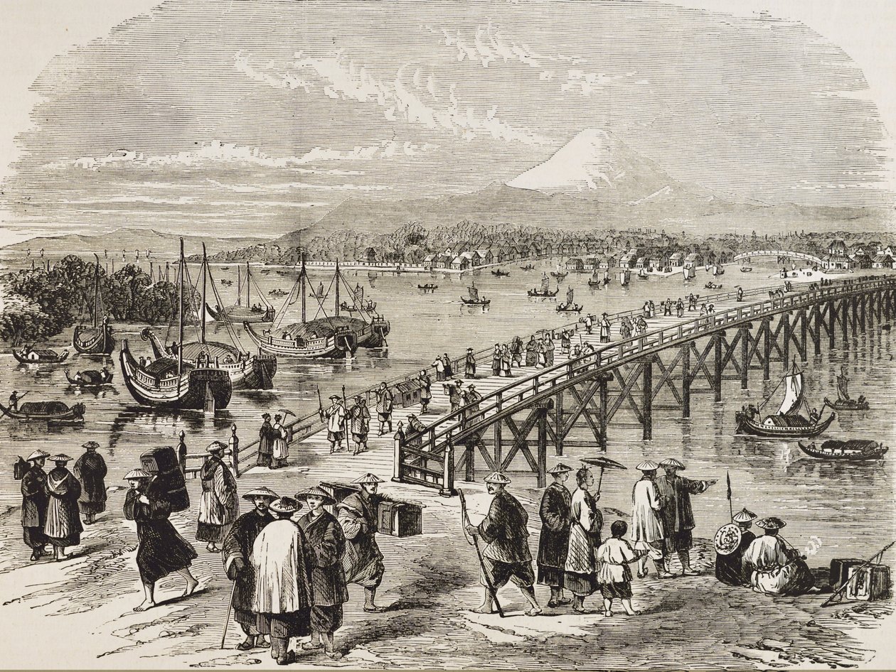 JAPÁN (19. század).Edo városa, amelyet a Toniak folyó szel át. Metszet. Magángyűjtemény alkotó: Artist Unknown