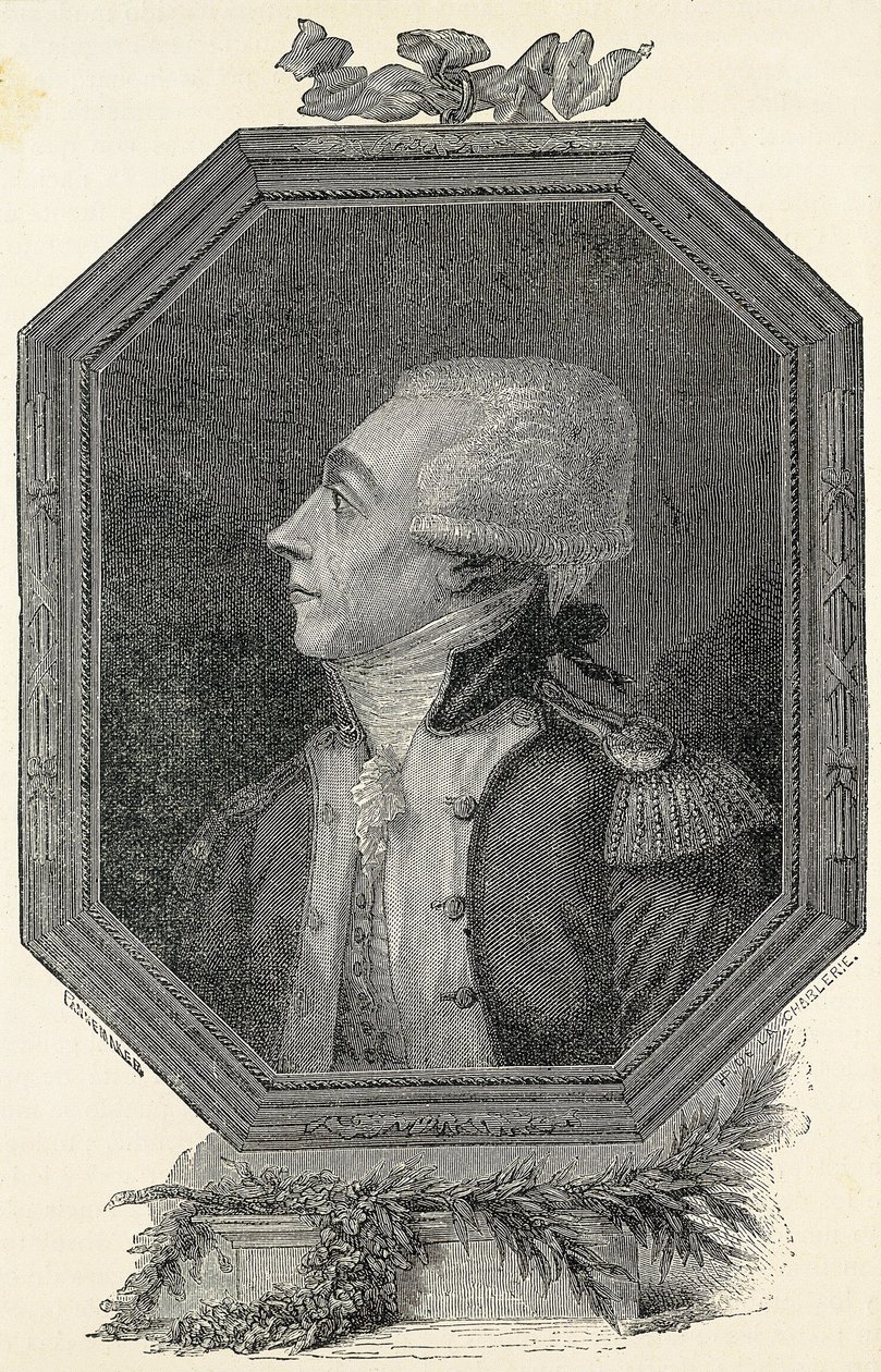 Lafayette, Marie Joseph Gilbert Motie Motier márki (1757-1834). Liberális eszméket valló francia arisztokrata és katona. Metszet alkotó: Artist Unknown