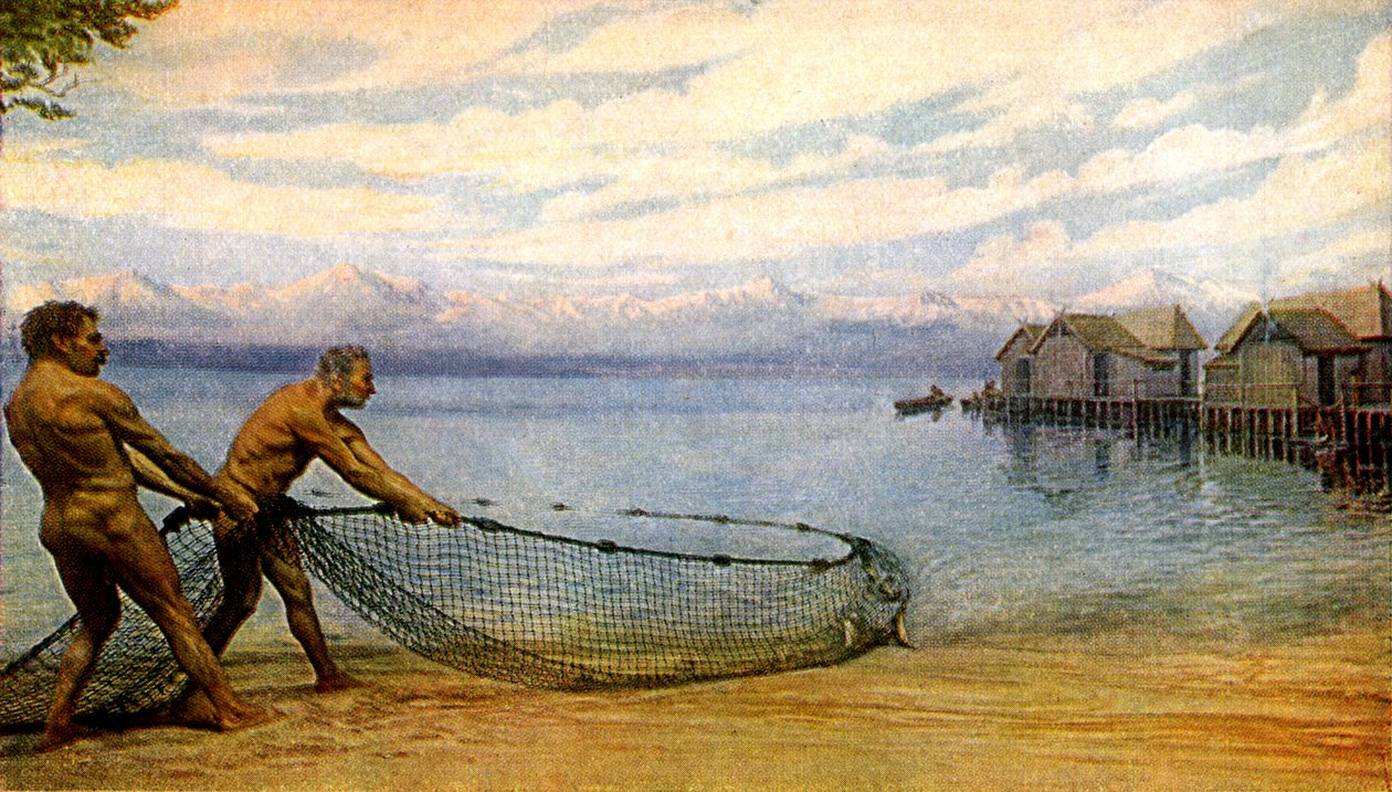 Lake Dwellers Fishing, Prehistoric man (nyomtatás) alkotó: Artist Unknown