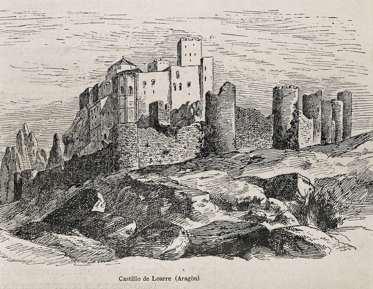 Loarre. Román kori vár. Metszet. SPANYOLORSZÁG. ARAGON. Zaragoza. Általános Katonai Akadémia alkotó: Artist Unknown