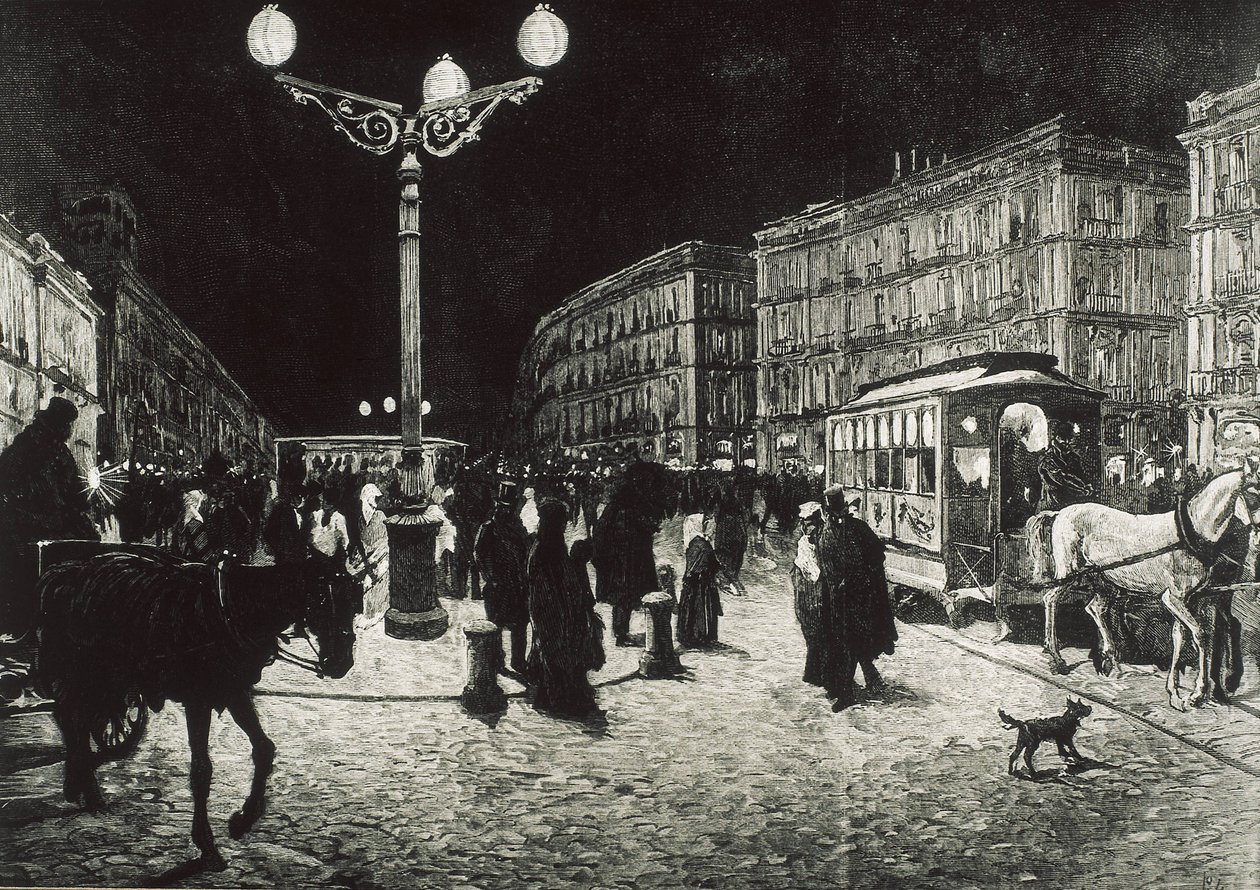 Madrid (1878). A Puerta del Sol villanyvilágítással. A kép Pellicer "La Ilsutracion Espanola y Americana" számára készített rajza után készült. Metszet. alkotó: Artist Unknown