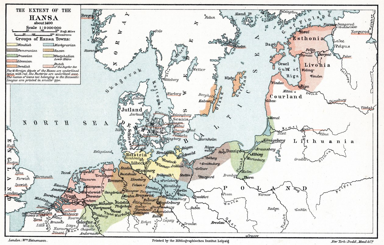 A Hanza-szövetség kiterjedésének térképe 1400 körül (nyomtatás) alkotó: Artist Unknown