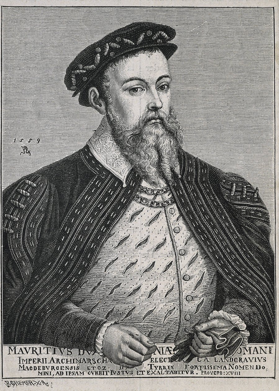 Szász Mór (1521-1553). Szászország hercege (1541-47), majd választófejedelme (1547-53). Protestáns 1539-től. Lucas Cranach festménye alapján készült portré. Metszet alkotó: Artist Unknown