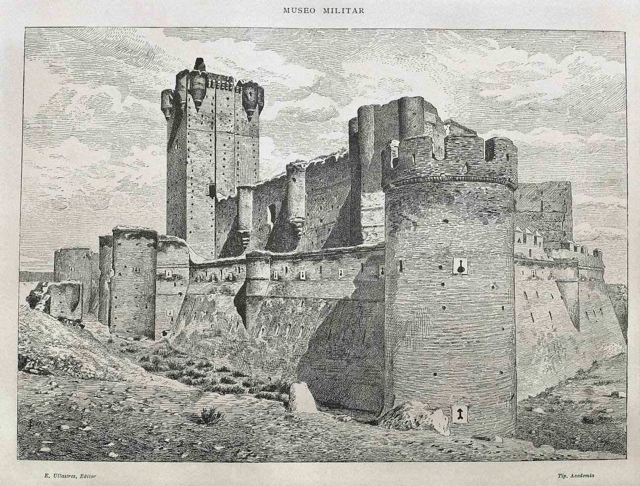 Medina del Campo. A Mota-vár. Metszet. SPANYOLORSZÁG. ARAGON. Zaragoza. Általános Katonai Akadémia alkotó: Artist Unknown