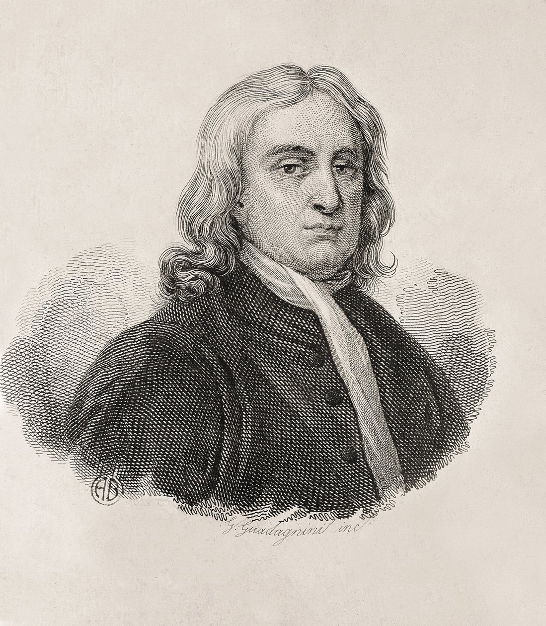 Newton, Sir Isaac (1642-1727). Angol matematikus, fizikus és csillagász; GUADAGNINI, Gaetano (1800-1860). Olasz metsző. Isaac Newton portréja, Gaetano Guadagnini munkája. Metszet. OLASZORSZÁG. LOMBARDY. Milánó. Civica Raccolta delle Stampe "Achi". alkotó: Artist Unknown
