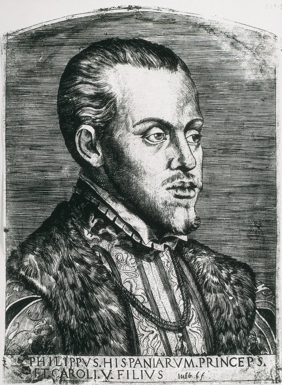 II. spanyol Fülöp (1527-1598). Spanyolország (1556-1598) és Portugália (1580-1598) királya. Fülöp portréja még hercegként. Xilográfia. alkotó: Artist Unknown