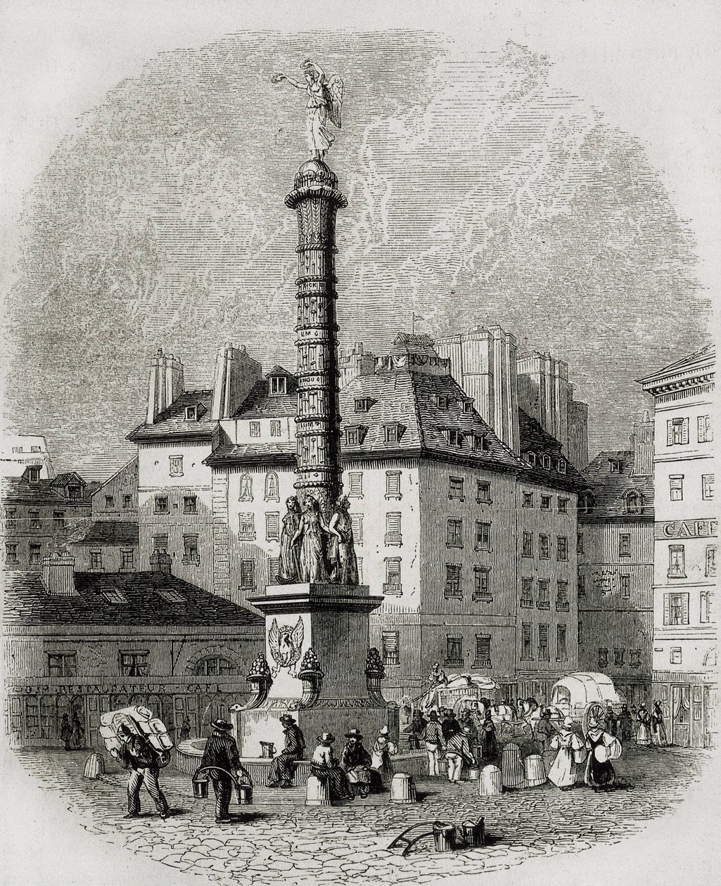 Párizs. Vízárusok a Place Chatelet szökőkútja előtt (metszet) alkotó: Artist Unknown