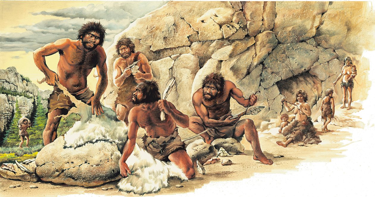 Őskor Paleolitikum: Vadászok, akik az elejtett béták bőrét használják fel, valamint szerszámokat és fegyvereket (lándzsát) készítenek. alkotó: Artist Unknown