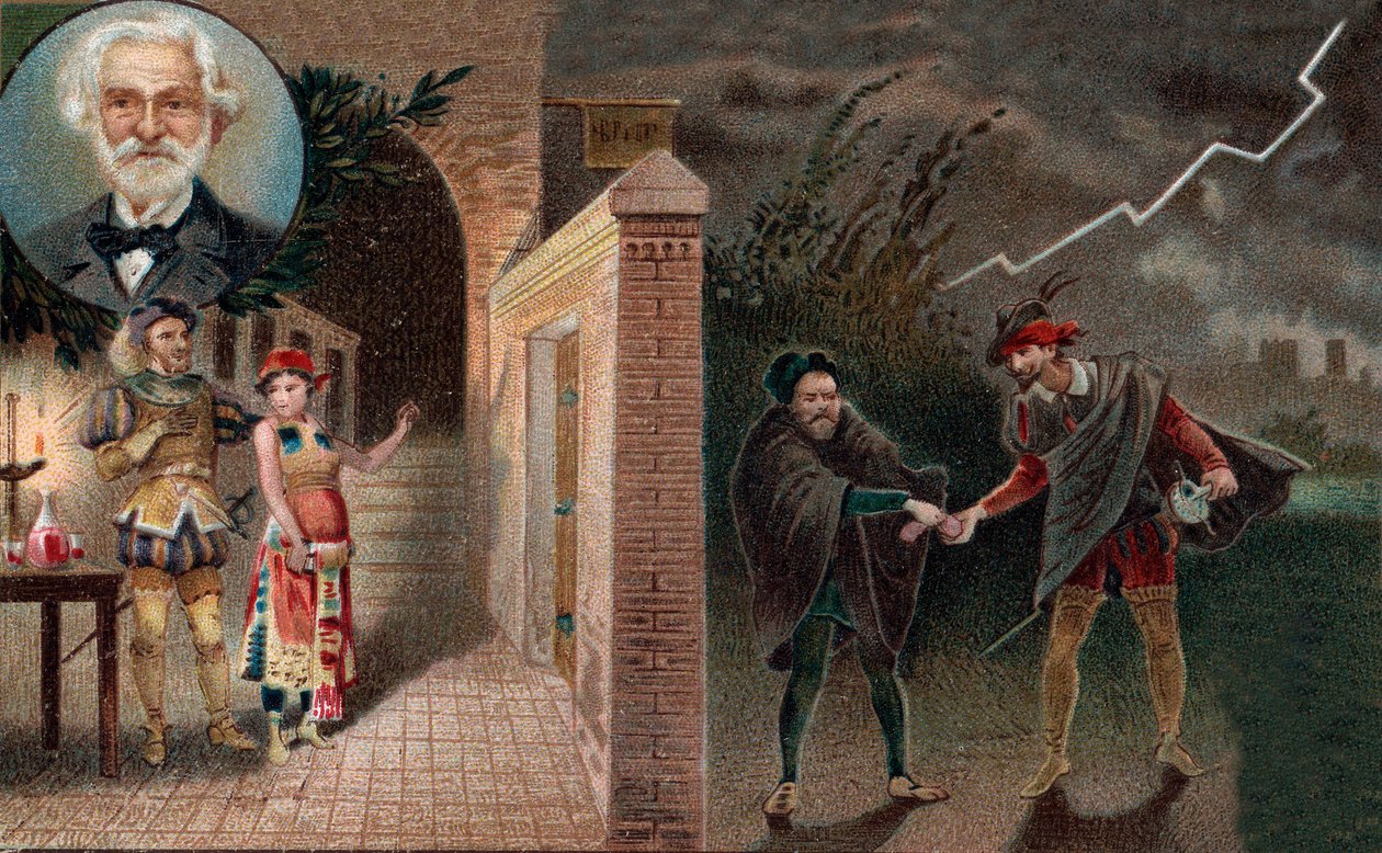 Rigoletto alkalmazza Sparafucile-t a herceg meggyilkolására - 3. felvonás 4. jelenet Giuseppe Verdi Rigoletto című operájából. alkotó: Artist Unknown