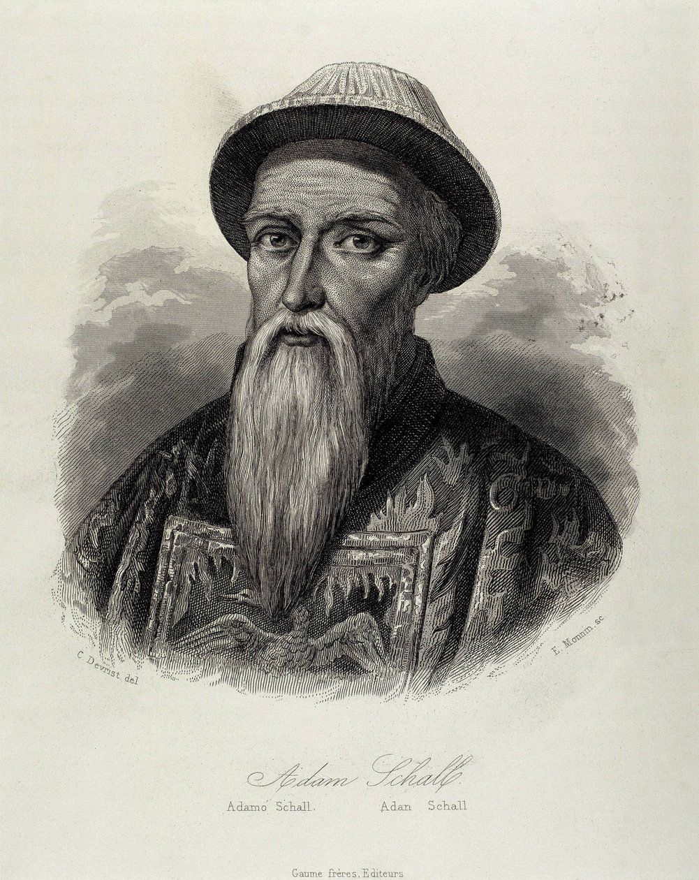 SCHALL VON BELL, Adam (1591-1661). Német jezsuita és csillagász. Élete nagy részét misszionáriusként töltötte Kínában, és a Qing-dinasztia Shunzhi császárának tanácsadója lett. Metszet. alkotó: Artist Unknown