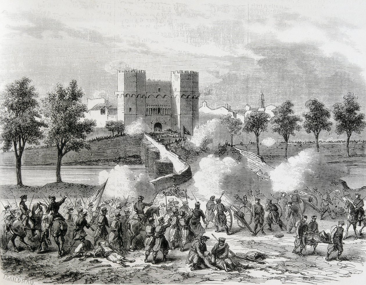 Spanyolország (1868). Dicsőséges forradalom. A kormánycsapatok támadása a valenciai Serrans-kapunál. Metszet az "Illusztrációból. Jorinal Universal". Metszet alkotó: Artist Unknown