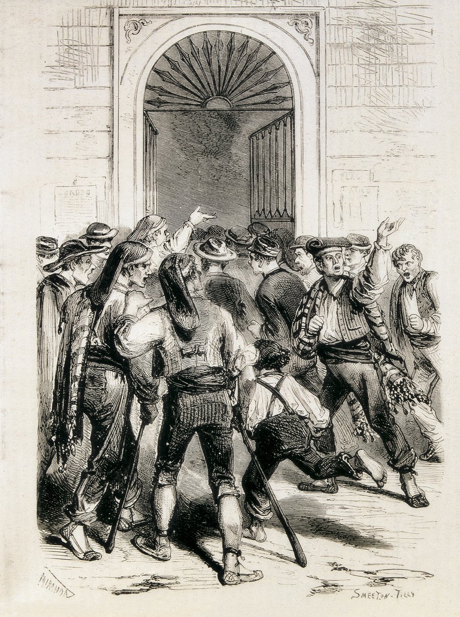 Spanyolország (1873). Az Első Köztársaság kikiáltása és a barcelonai városháza megostromlása (1873. február 11.). Metszet. alkotó: Artist Unknown